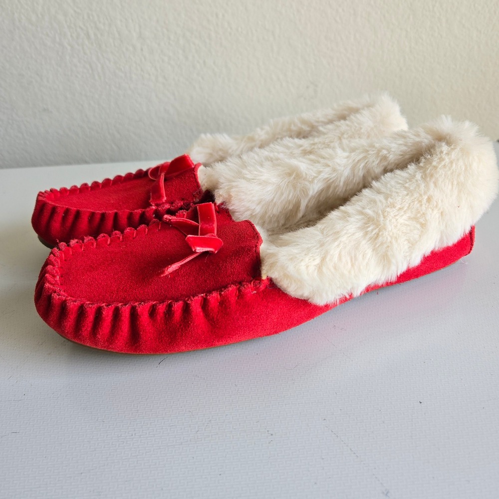 Talbots Womens Red Suede Faux Fur Lined Moccasin Slippers Velvet Bow Size 9M